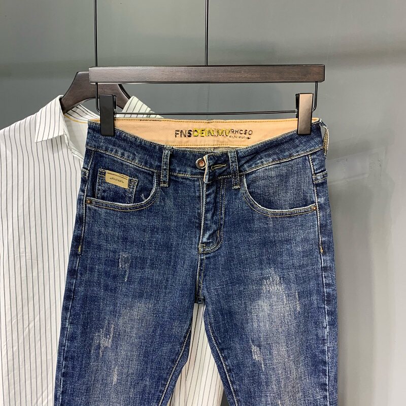 Men's jeans summer slim fit embroidered ninth pants