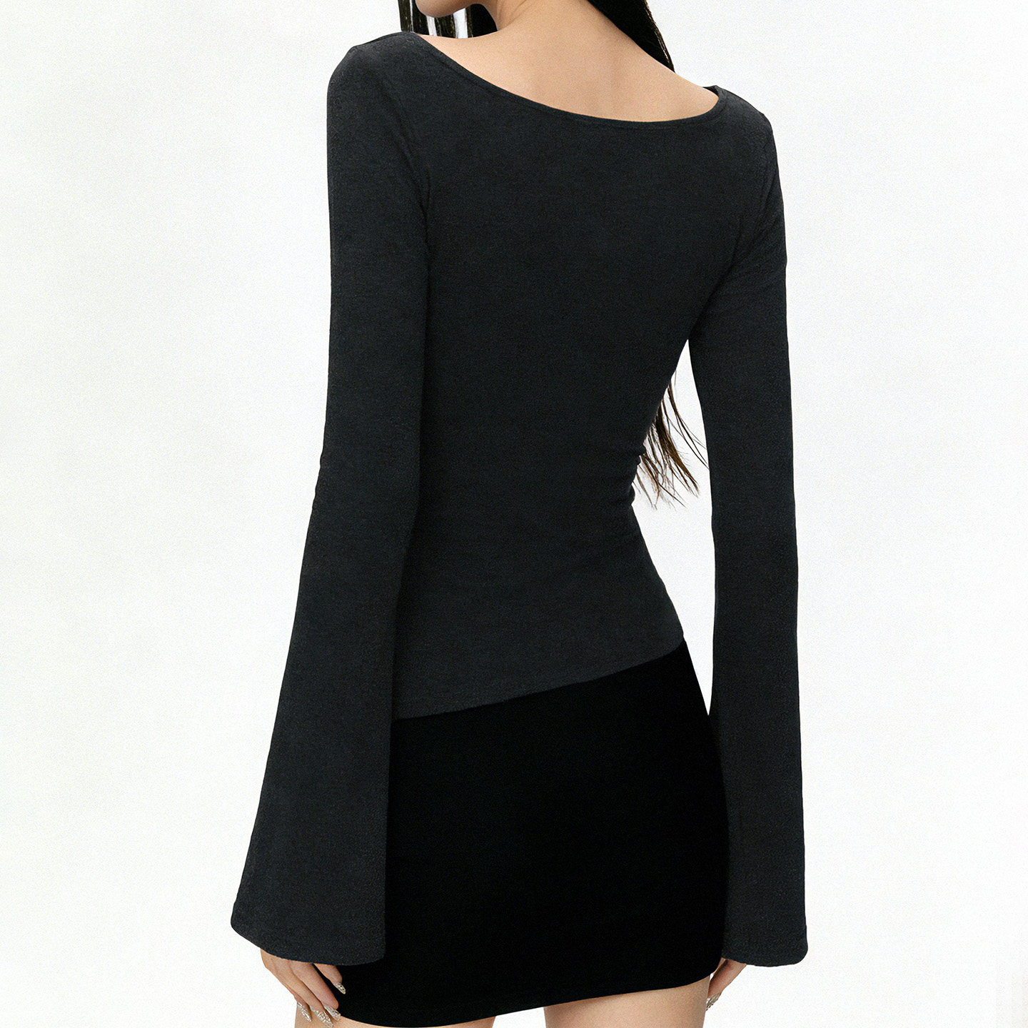 FUNOFF 美式复古灰色蕾丝V领喇叭长袖T恤简约修身收腰内搭上衣女,淘宝优惠券,粉丝福利购,淘宝优惠卷