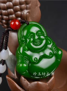 新疆和田玉佛吊坠大肚菠菜绿挂件