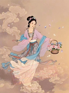 新中式仙女画像仙女下凡仙子散花画像贴纸招财纳福年画客厅贴画