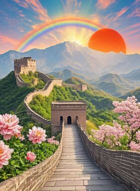 国风长城绿色万里长城靠山图旭日东升风景画办公室背胶自粘画壁画