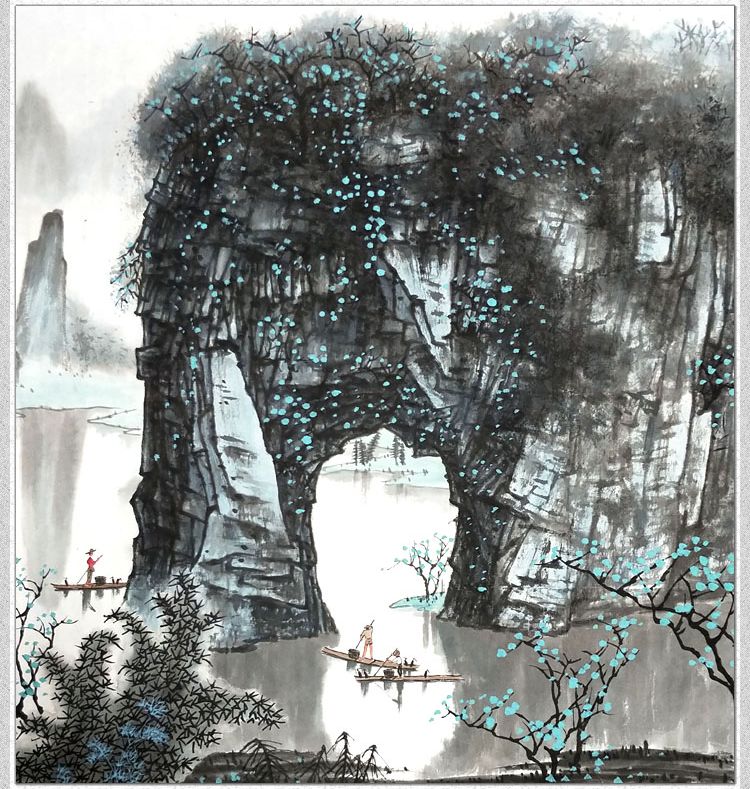 手绘青绿山水画 仿白雪石象山水月国画 靠山风水字画六尺横幅挂画