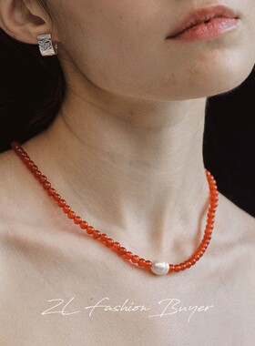 SOFTROOM天然红玛瑙串珍珠项链