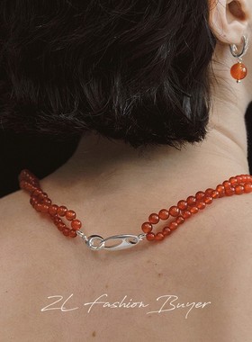 现货SOFT ROOM天然红玛瑙串珠缠绕好事成双项链新年春节红火