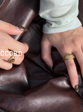 现货25FW新款DACCORD鎏金雕刻系列虎眼石贝母宝石复古戒指叠戴