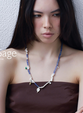 现货Ensage日本纯银蓝色琉璃珠串珠天然石不规则彩珠高级小众项链