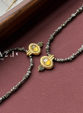 现货LA2L法国天然黄铁矿椭圆黄水晶镶嵌复古项链纯手工POUR TOI