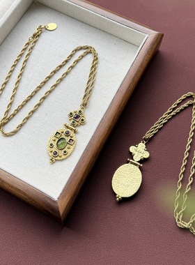 现货LA2L法国彩色宝石镶嵌纯手工雕刻椭圆立体复古项链POUR TOI