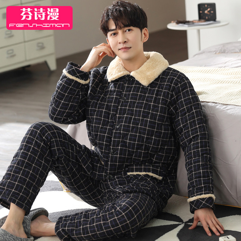 男士冬季纯棉夹棉秋冬款全棉睡衣 芬诗漫睡衣/家居服套装