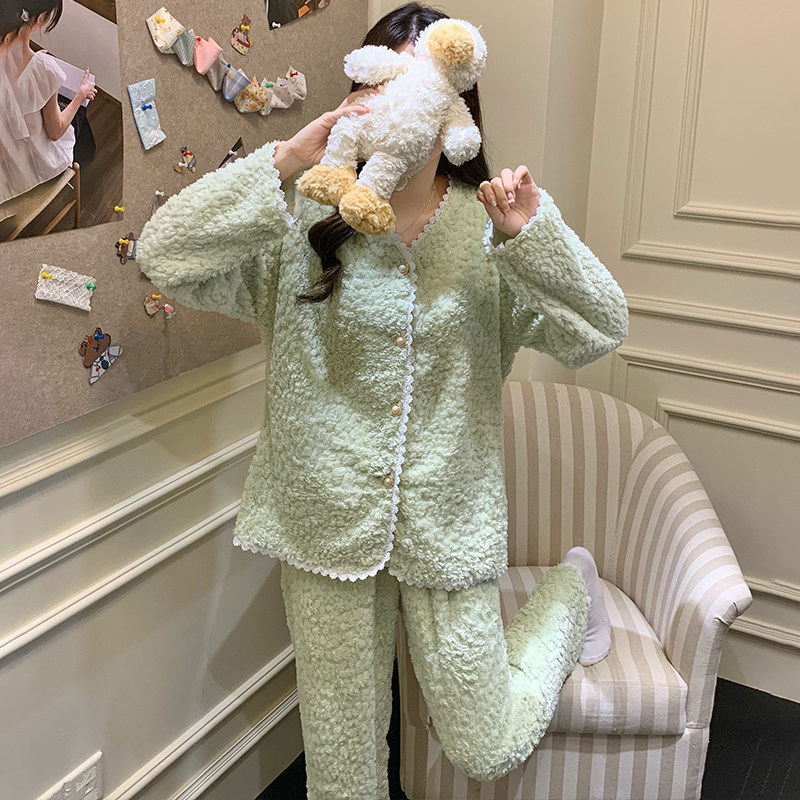 2025新款珊瑚绒睡衣女冬开衫加绒加厚小香风轻奢家居服法兰绒套装 - 图1