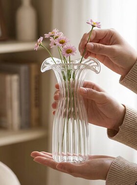 透明竖纹法式波浪口玻璃花瓶客厅水养鲜花百合插花器高级感摆件