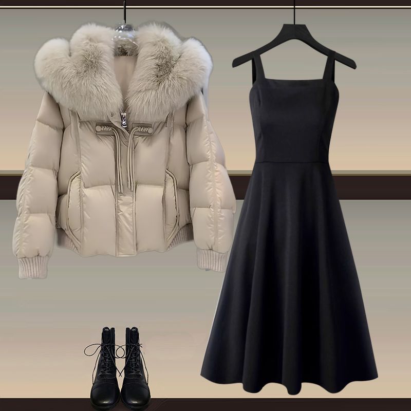 加绒加厚棉服外套女冬季2023新款宽松设计感小个子收腰背带连衣裙