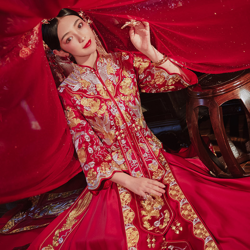 秀禾服2020新款龙凤褂新娘中式婚纱 花作衣旗袍