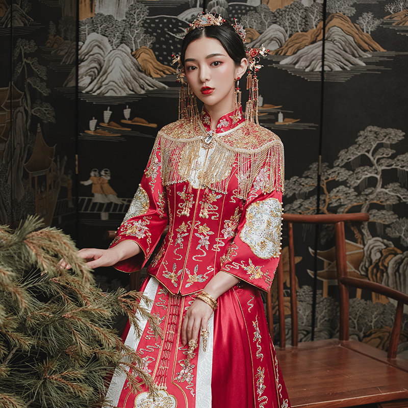 秀禾服2020新款中式新娘古装秀婚纱 花作衣旗袍