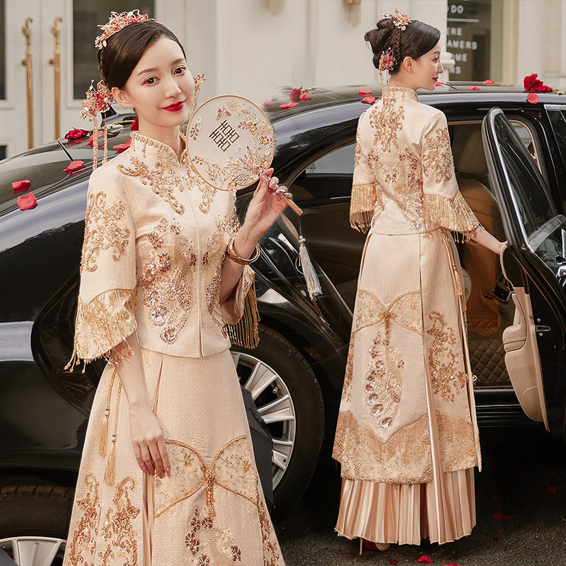 秀禾服2020新款秋季新娘中式秀婚纱 花作衣旗袍