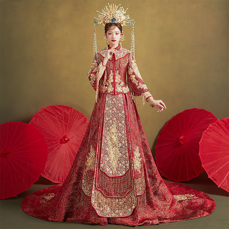 秀禾服新娘2020新款凤冠霞帔婚纱 花作衣旗袍