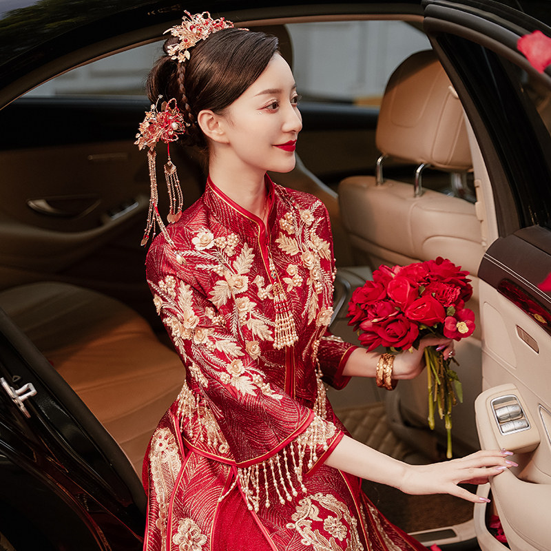 秀禾服2020新款结婚礼服中式秀婚纱 花作衣旗袍