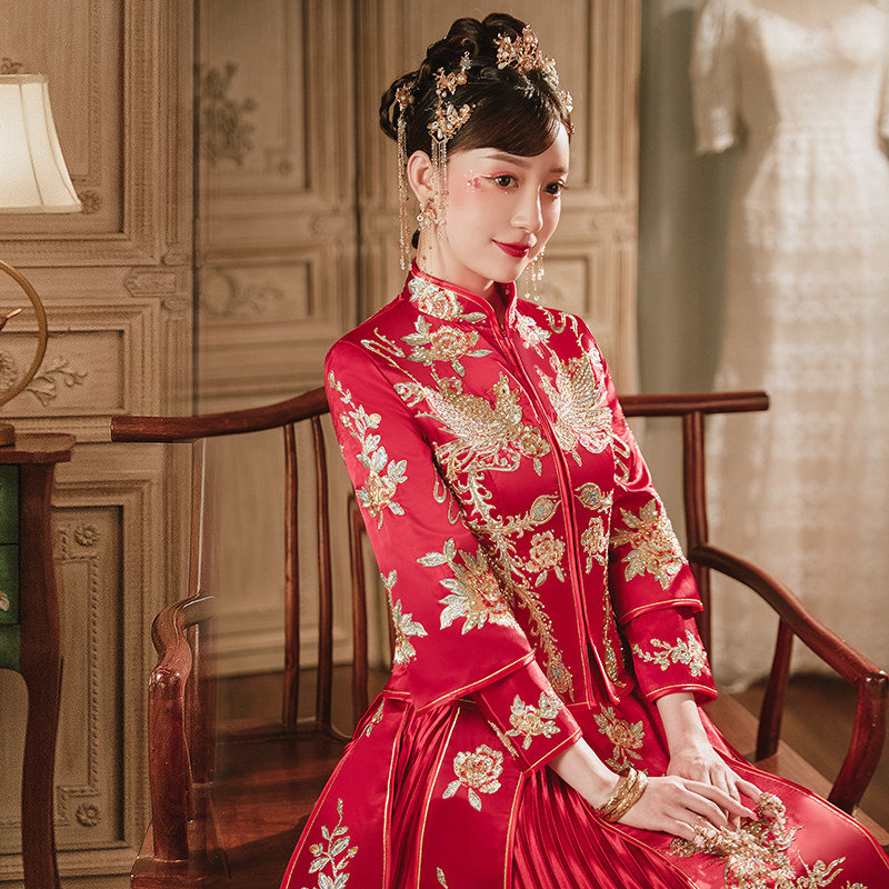 秀禾服2020新款中式结婚礼服新娘服 花作衣旗袍