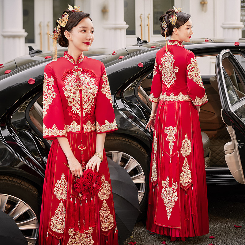 秀禾服2020新款结婚中式新娘服婚纱 花作衣旗袍