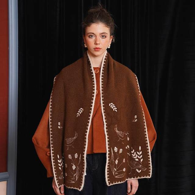 Kamo original retro forest style embroidered scarf thickened soft waxy skin-friendly shawl warm classic dark brown gift