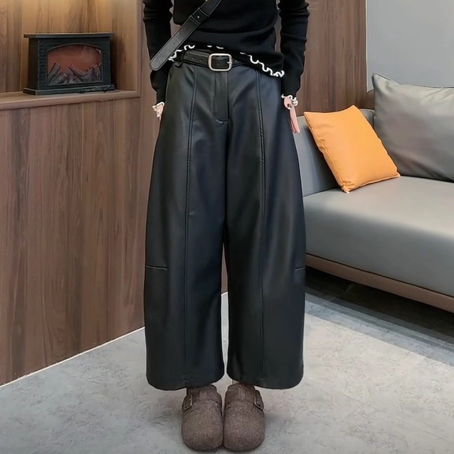 欧货加绒蛋白皮裤弯刀裤2025秋冬新款高腰黑色弹力宽松阔腿PU皮裤,淘宝优惠券,粉丝福利购,淘宝优惠卷