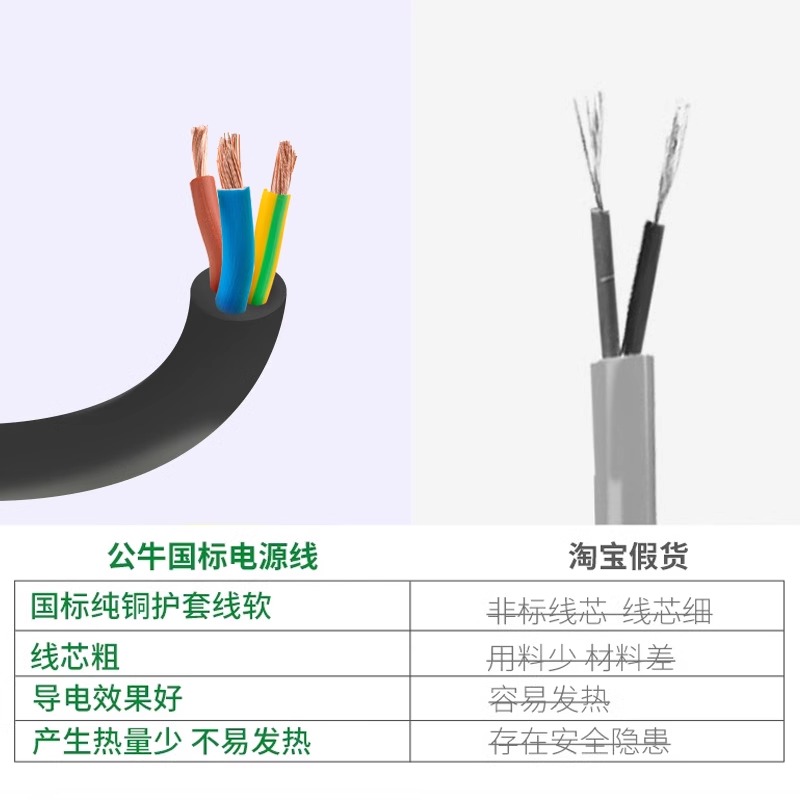 公牛纯铜国标黑色3芯1平方三项带插头三孔电源连接线三芯电源线