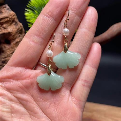 Retro Natural Green Jade Ginkgo Leaf Style Pearl Drop Earrin - 图0