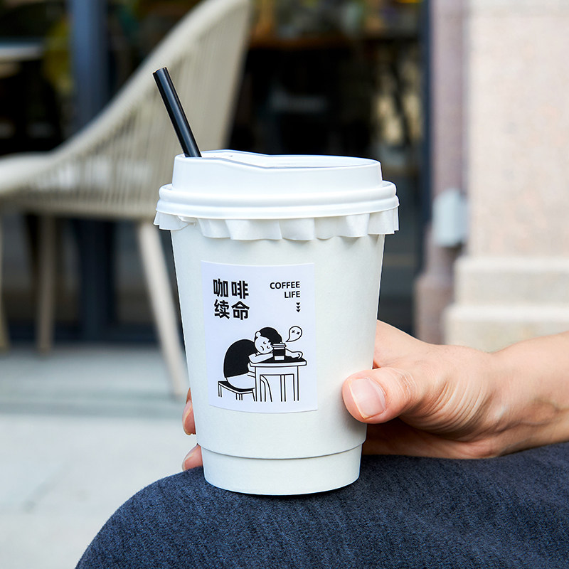 Disposable coffee paper cup, milk tea, hot drink cup with lid, commercial take-out packaging cup, soy milk double-layer white paper cup