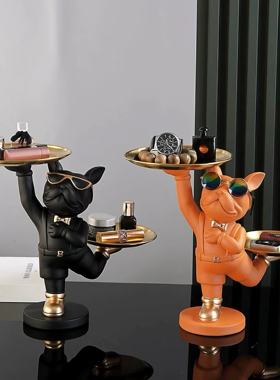 招财法斗犬托盘入户玄关鞋柜钥匙收纳摆件客厅创意家居乔迁装饰品