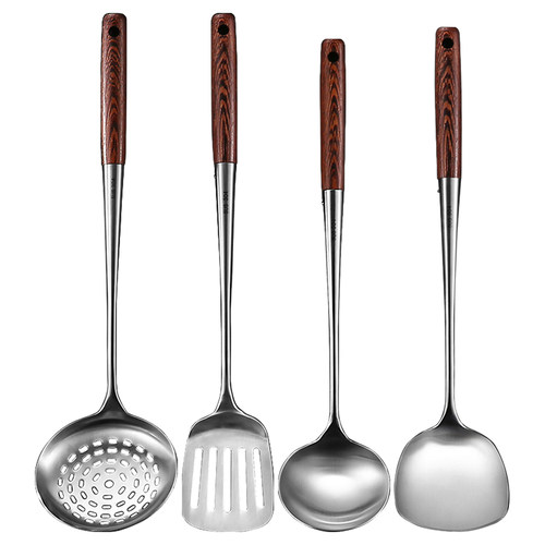 长柄304不锈钢锅铲炒菜铲子套装防烫超长木柄加长勺子厨师炒菜勺 - 图0