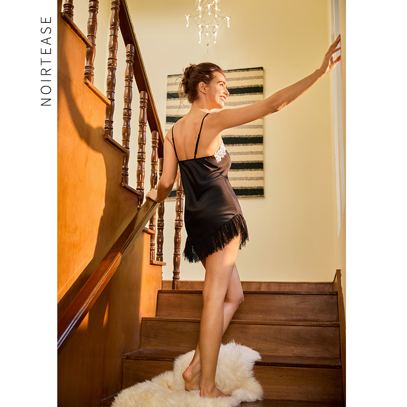 NoirTease性感超短吊带睡裙女蕾丝纯欲齐P丝质薄款修身睡衣纯欲风 - 图3