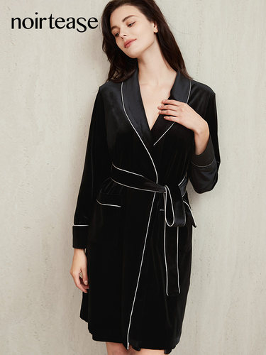 NoirTease性感系带睡袍女士薄款丝绒浴袍睡衣女家居服中长款春秋 - 图2