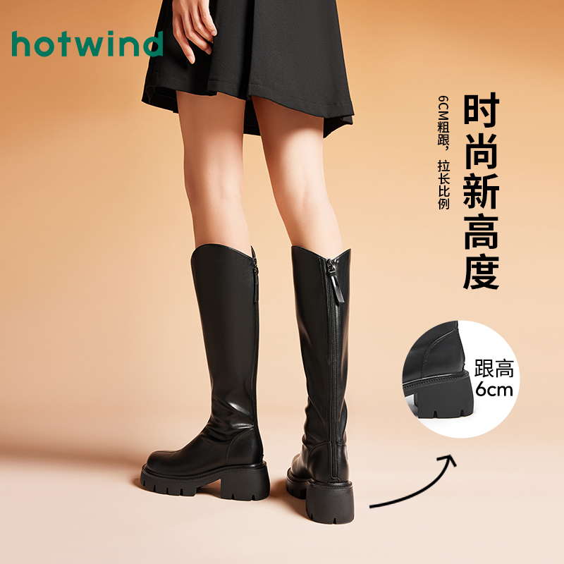 热风女鞋2025年冬季新款骑士靴V口显瘦长筒靴厚底粗跟西部靴子女 - 图2