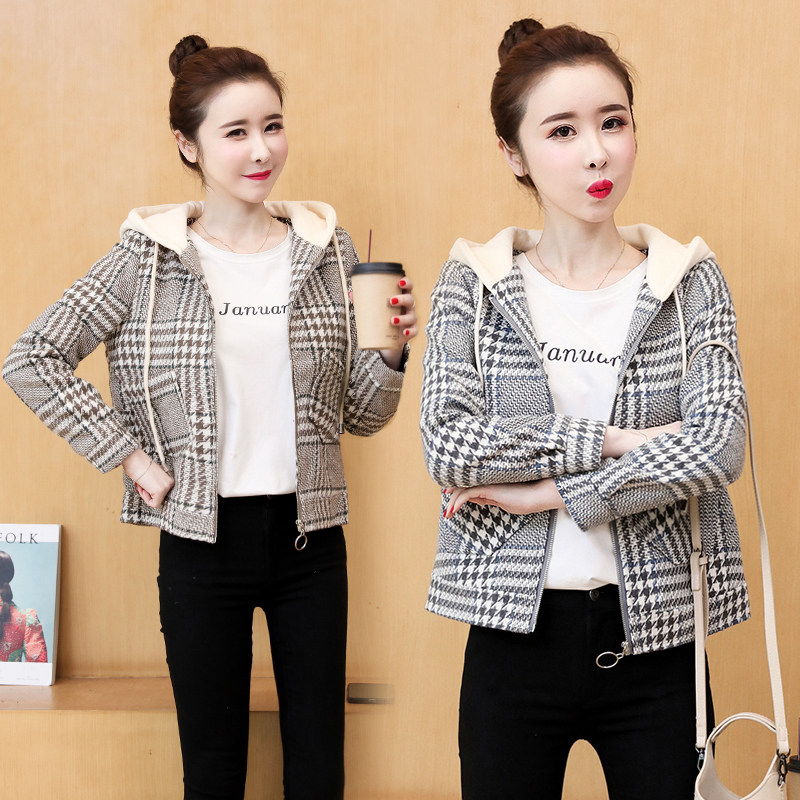 格子毛呢小个子短款秋冬百搭夹克 康媚毛呢外套