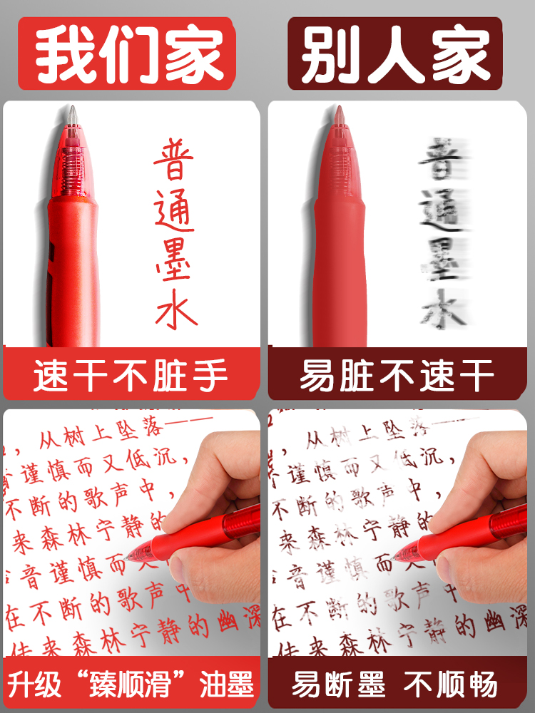 得力红笔学生用红色中性笔0.5mm教师改试卷专用批改作业按动式红笔直液式走珠笔老师初中生用圆珠笔办公用品 - 图2