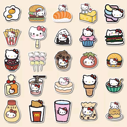 140张可爱美食kt猫贴纸q版卡通kitty贴画装饰小图案diy手账防水贴 - 图1