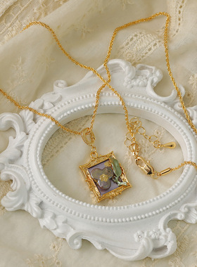 紫色油画吊坠中古巴洛克珍珠项链女轻奢小众新中式国风锁骨毛衣链