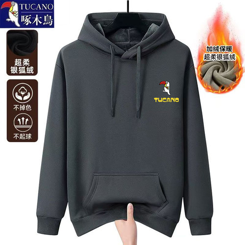 啄木鸟秋冬季连帽加绒加厚保暖卫衣男士宽松潮流套头百搭休闲上衣 - 图2