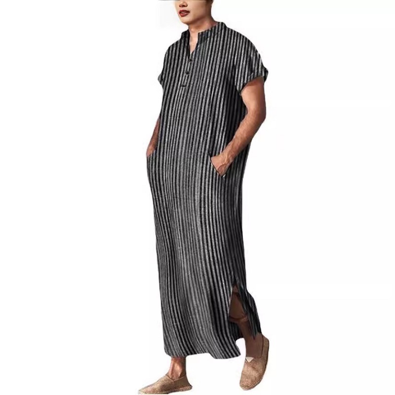 Arab robe short sleeve long shirt men nightgown 条纹棉长袍衫 - 图3