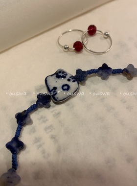 ouswa原创【蓝猫】手绘纯手工编织猫咪小众蓝色串珠手串手绳手链