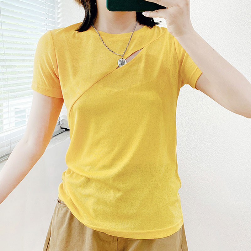 酷伽短袖t恤女夏季新款内搭短款小众设计感打底纯色上衣1931