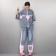 ພາກຮຽນ spring denim ກົງກັນຂ້າມ embroidered ຊຸດ pants ຂາກ້ວາງ