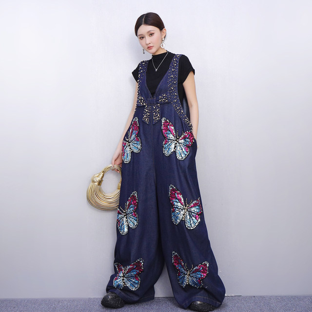 Butterfly heavy industry embroidered jumpsuit denim ເປັນຄົນອັບເດດ: ແລະ slimming