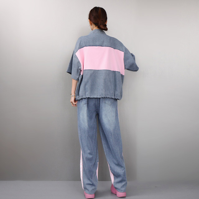 ພາກຮຽນ spring denim ກົງກັນຂ້າມ embroidered ຊຸດ pants ຂາກ້ວາງ