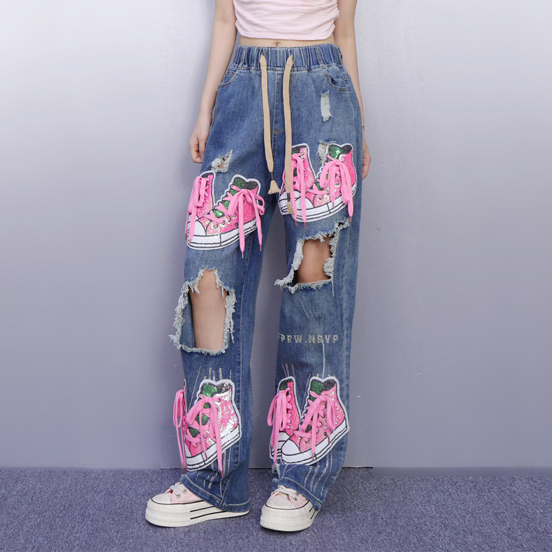 设计感2025秋新款女破洞牛仔裤宽松亮片绣花扎带长裤时尚显瘦休闲,淘宝优惠券,粉丝福利购,淘宝优惠卷