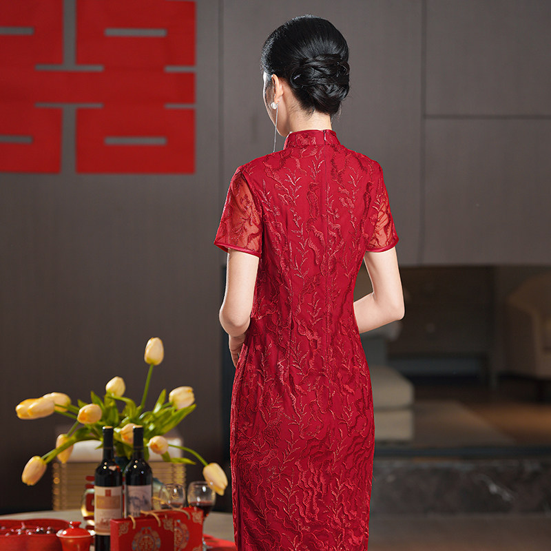 旗袍夏季新款女蕾丝中长款喜婆婆婚宴妈妈装礼服喜服平时可穿改良 - 图3