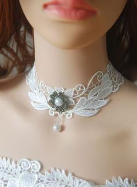 欧式新品圣诞万圣节哥特式宝石水滴项链复古花颈链蕾丝假领子饰品