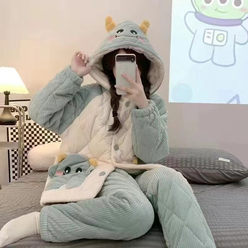 秋冬季睡衣女珊瑚绒夹棉加厚加绒连帽可爱卡通保暖大码家居服套装,淘宝优惠券,粉丝福利购,淘宝优惠卷