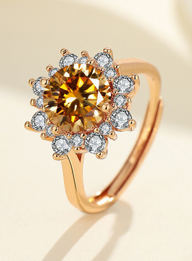 直播锆石微镶太阳花两克拉戒指香槟金色女士时尚开口指环