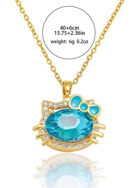 项链女欧美网红跨境新款蝴蝶结kt猫咪气质粉色满钻项链可爱锁骨链